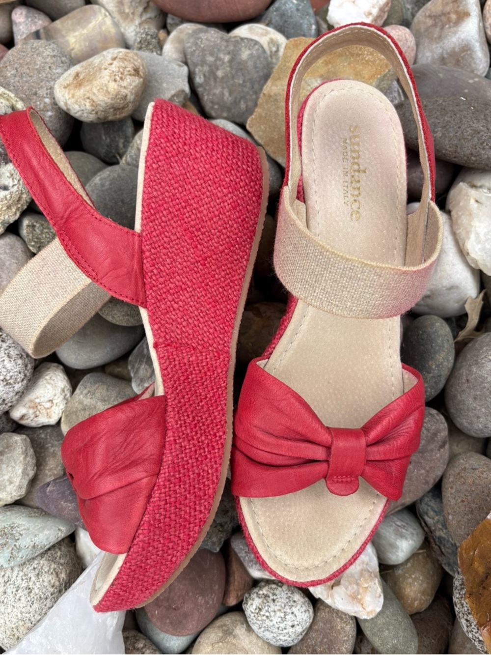 Sundance Red Bow Wedges Made In Italy Stacked Top Strap Sandals EU 40 = 9/9.5 US